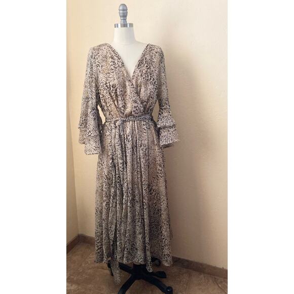 Une Ame Women's Dress Size XL Taupe Gold Sparkle Flutter Belted Chiffon - Picture 2 of 11
